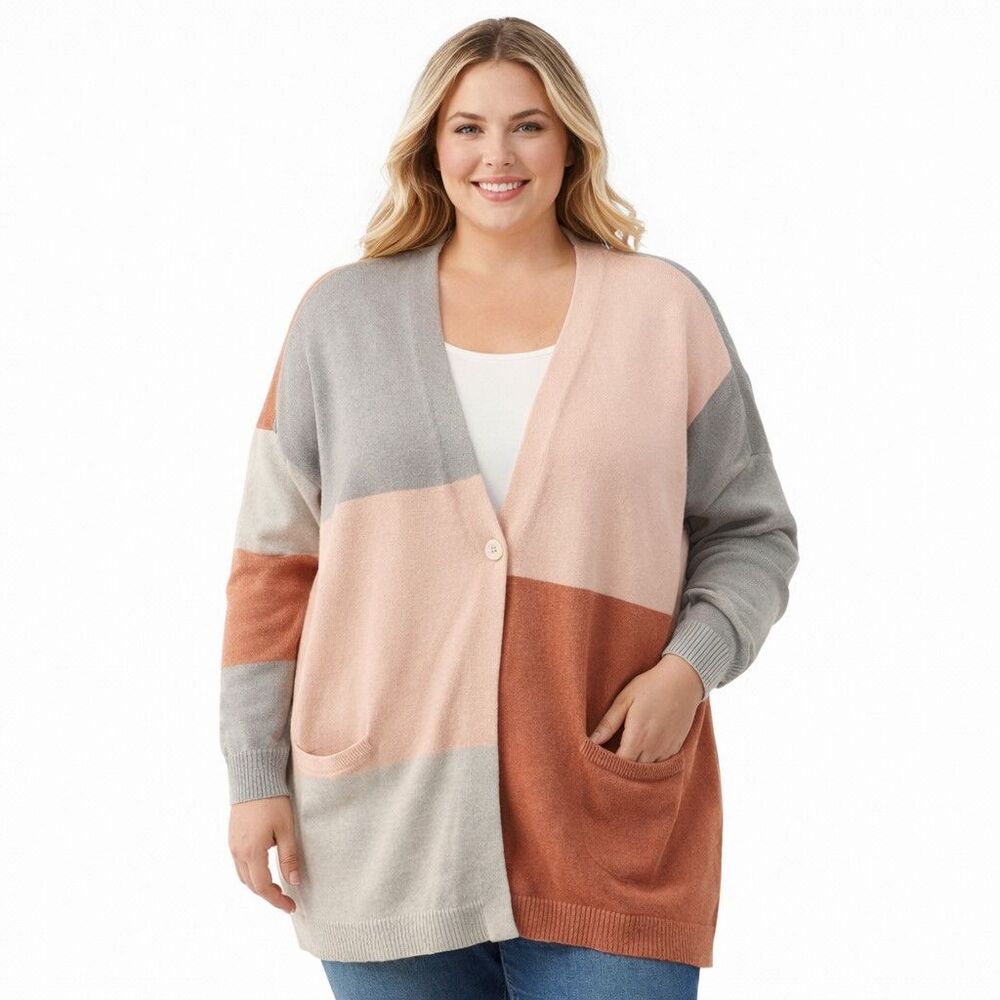 Pure Jill Cardigan Sweater Womens XL Colorblock V Neck Knit Pink Gray Pockets